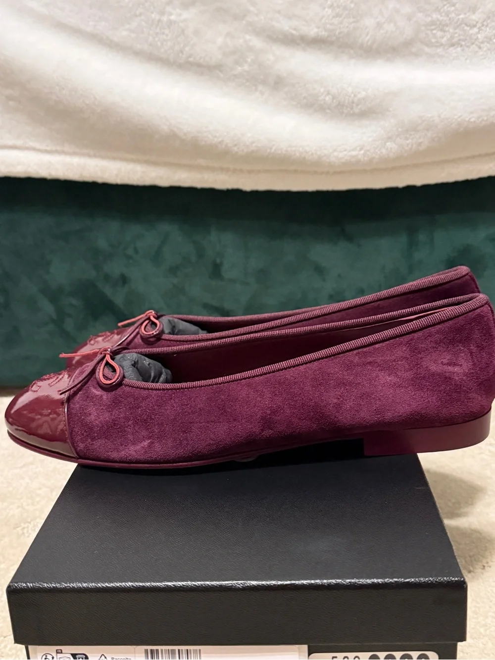 CHANEL Burgundy Suede & Patent Cap-Toe Ballet Flats with Bow